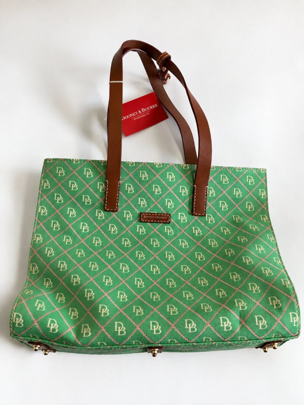 Dooney & Bourke East West Tote Bag Green Pink DB Monogram Leather New with Tag